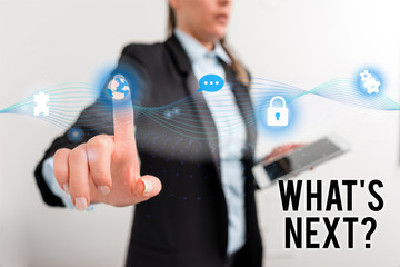 Obraz premium Text sign showing What S Next Question. Business photo text asking demonstrating about his coming actions or behaviors Female human wear formal work suit presenting presentation use smart device
