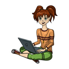 Modern teen girl with two tails sitting with her laptop. Communication on the Internet, online games or distance learning.