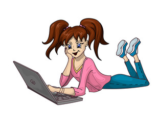 A modern teenager is enthusiastically and happily spending time with his personal laptop. Communication on the Internet, online games or distance learning.