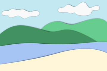 Mountain landscape scene with a river and clouds in a pale blue sky, illustration