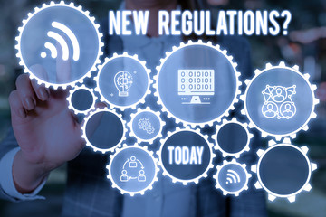 Handwriting text New Regulations Question. Conceptual photo rules made government order control way something is done Woman wear formal work suit presenting presentation using smart device
