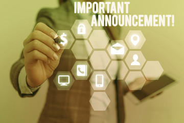 Text sign showing Important Announcement. Business photo text spoken statement that tells showing about something