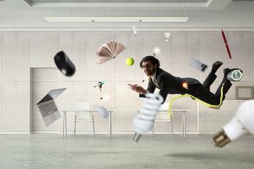 Joyful happe businessman levitating horizontally - obrazy, fototapety, plakaty