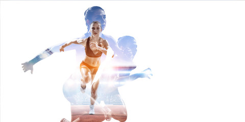 Athlete woman on white. Mixed media
