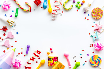 party time frame with decorations on white background top view mock up