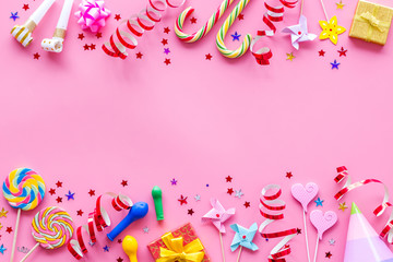 party time frame with decorations on pink background top view mock up
