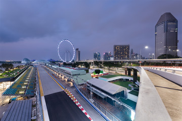 Singapore Formula One Circuit and cityscape at night
