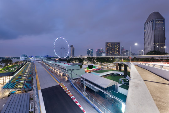 Singapore Formula One Circuit And Cityscape At Night