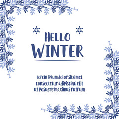 Fototapeta na wymiar Hello winter card, isolated on white background, with wallpaper art of blue leaf floral frame. Vector