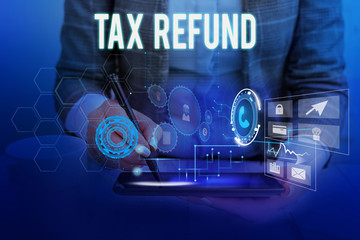 Text sign showing Tax Refund. Business photo showcasing refund on tax when the tax liability is less than the tax paid Woman wear formal work suit presenting presentation using smart device