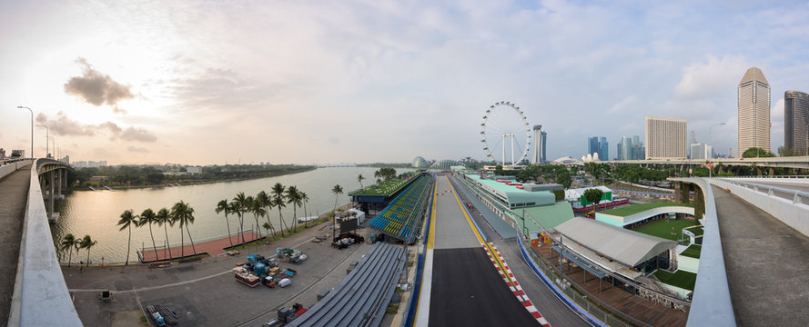 Singapore Formula One Circuit And Cityscape At Sunrise