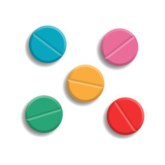 Set of medical colored pills. Tablets in 3D style with shadow are isolated on white background. Vector illustration