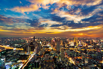 Bangkok city with Chao Phraya River at sunset, Thailand