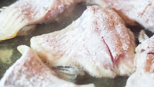 Fried fish in a pan. Fish fillet crucian, fried in a pan with sunflower oil for eating. Delicious food.