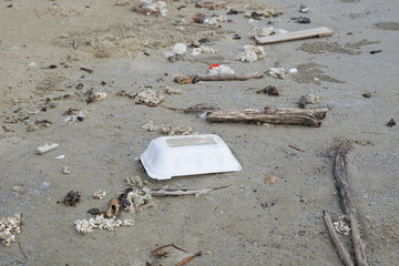 Lok Kawi, Kota Kinabalu, Sabah, Malaysia - September 08, 2019: There is a lot of rubbish left in Lok Kawi Beach. This rubbish are dumped into the sea and washed away to this beach.