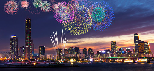 View of Seoul and Firework at Yeouido in the summer Seoul, South Korea..