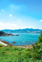 Liugong Island overlooks Weihai City, Weihai, Shandong, China.