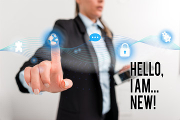 Text sign showing Hello I Am New. Business photo text used greeting or begin telephone conversation...