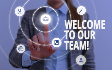 Word writing text Welcome To Our Team. Business photo showcasing introducing another demonstrating to your team mates