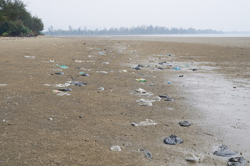 Lok Kawi, Kota Kinabalu, Sabah, Malaysia - September 08, 2019: There is a lot of rubbish left in Lok Kawi Beach. This rubbish are dumped into the sea and washed away to this beach.