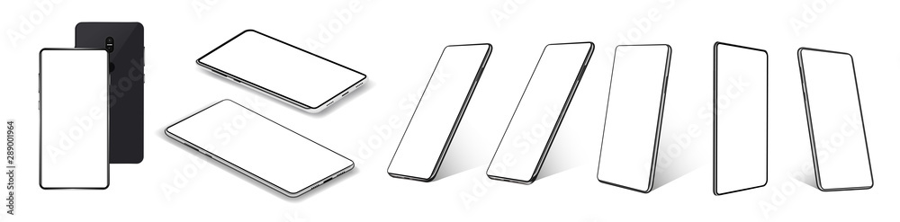 Poster A collection of smartphones at different angles. Mobile phones isolated on white background, different sides of the Mockups. Smartphone generic device. 3D realistic gadgets. Rotated position. Vector
