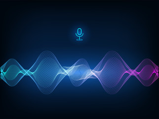 Voice assistant concept. Vector sound wave. Microphone voice control technology, voice and sound recognition. Hi-tech AI assistant voice, background wave flow, equalizer. Vector illustration 