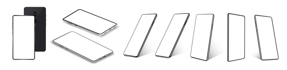 A collection of smartphones at different angles. Mobile phones isolated on white background, different sides of the Mockups. Smartphone generic device. 3D realistic gadgets. Rotated position. Vector