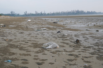 Lok Kawi, Kota Kinabalu, Sabah, Malaysia - September 08, 2019: There is a lot of rubbish left in Lok Kawi Beach. This rubbish are dumped into the sea and washed away to this beach.