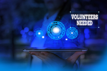Text sign showing Volunteers Needed. Business photo text need work or help for organization without being paid Woman wear formal work suit presenting presentation using smart device