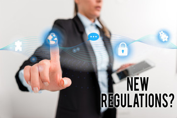 Text sign showing New Regulations Question. Business photo text rules made government order control way something is done Female human wear formal work suit presenting presentation use smart device