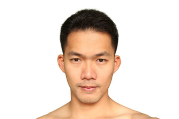 The face of a young Asian , Single eyelid, wavy hair isolated on white background