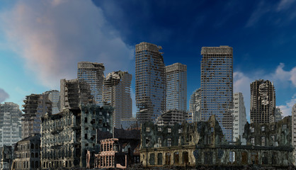 Fototapeta na wymiar Ruins of a city apocalyptic landscape 3d illustration concept