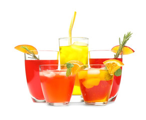 Different tasty cocktails on white background