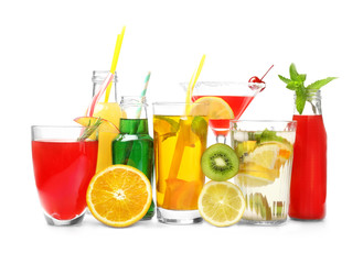 Different tasty cocktails on white background