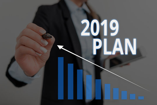 Text sign showing 2019 Plan. Business photo text setting up your goals and plans for the current year or in 2019 Woman wear formal work suit presenting presentation using smart device