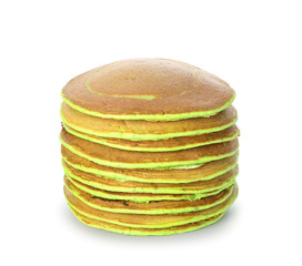 Tasty green pancakes on white background
