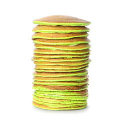 Tasty green pancakes on white background