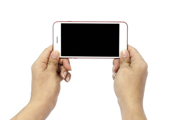 Man holding smartphone with blank screen on white background, closeup of hand. Space for text, two hand, isolated male hand holding the phone tablet touch computer gadget with isolated display.