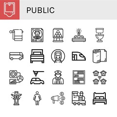 Set of public icons such as Urinal, Towel, Politician, Candy machine, Bed, Toilet, Bus, Subway, High speed train, Toilet paper, People, Automobile, Train, Bookcase, Wireless , public