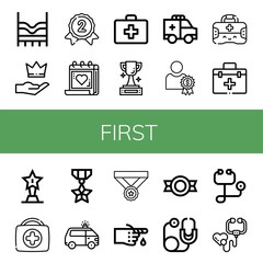 Set of first icons such as Top, Premium, Silver medal, Medical appointment, First aid kit, Trophy, Ambulance, Reward, Medal, Bandage, Stethoscope , first