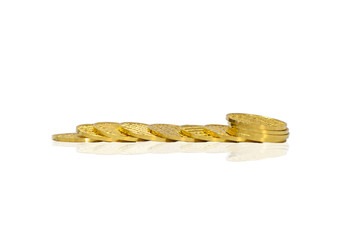 Gold coins isolated on white, A pile of Coins, investment concept, stack of gold, white background, pure gold, Saving, Growing business. Investment money concept, gold ingot.