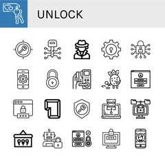 Set of unlock icons such as Key, Detective, Lock, Password, Login, Access, Keys, Face id , unlock