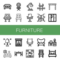 Set of furniture icons such as Sofa, Drawing table, Chair, Desk lamp, Dinner table, Office desk, Table, Wardrobe, lamp, Living room, Fireplace, Dinning , furniture