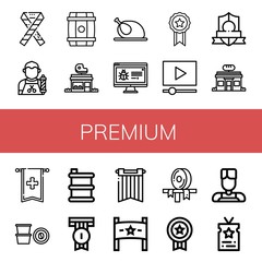 Set of premium icons such as Ribbon, Barber, Barrel, Butcher shop, Chicken, Banner, Video marketing, Badge, Bakery, Coffee capsule, Vip , premium