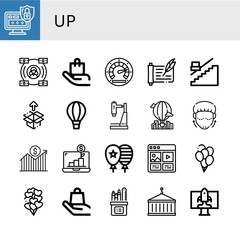 Set of up icons such as Login, Economy, Handle with care, Speedometer, Scroll, Stair, Unboxing, Hot air balloon, Research, Lifting, Growth, Balloon, Social media, Balloons , up