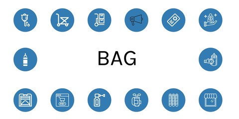 Set of bag icons such as Intravenous therapy, Trolley, Promotion, Coupon, Shopping bag, Compost, Shopping cart, Ear spray, Golf bag, Wafer, Shop, Punching ,