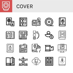 Set of cover icons such as Trackball, Passport, Menu, Book, Medical tape, Dictionary, Sun hat, Bookmark, Bible, Plaster, Technology , cover