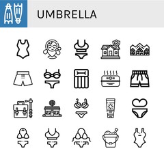 Set of umbrella icons such as Flippers, Swimsuit, Beach, Insurance, Hotel de glace, Bikini, Airbed, Cardboard box, Camera bag, Pizza shop, Sun lotion, Sand bucket , umbrella