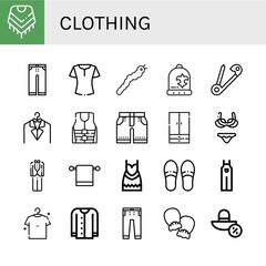 Set of clothing icons such as Shawl, Trousers, Blouse, Silkworm, Beanie, Safety pin, Laundry, Life jacket, Shorts, Wardrobe, Bikini, Tuxedo, Towel hanger, Dress, Slippers , clothing