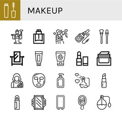 Set of makeup icons such as Mascara, Kabuki, Cologne, Kiss, Serum, Makeup brushes, Mirror, Shaving cream, Face cream, Lipstick, Makeup artist, Facial mask, Lotion, Perfume ,